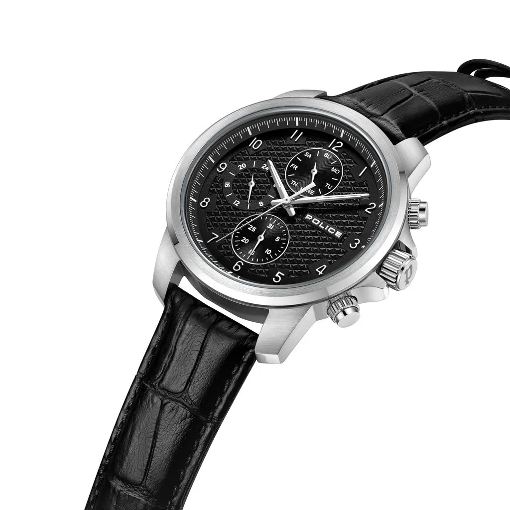Police Mensor Gents Black Dial Silver Stailess Steel Case Black Leather Strap Watch