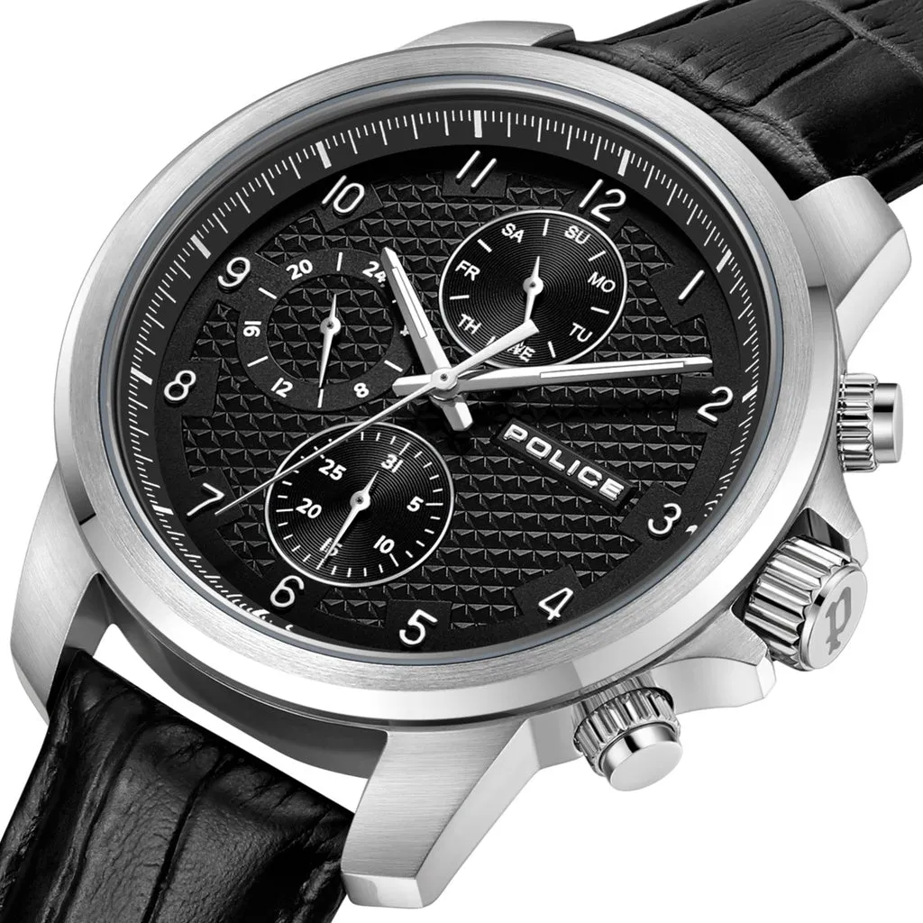 Police Mensor Gents Black Dial Silver Stailess Steel Case Black Leather Strap Watch