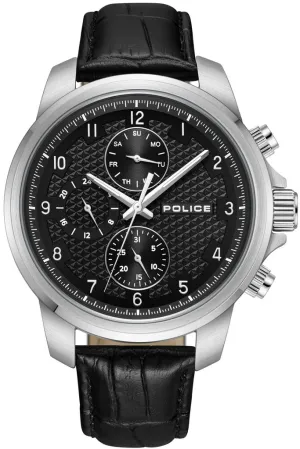 Police Mensor Gents Black Dial Silver Stailess Steel Case Black Leather Strap Watch