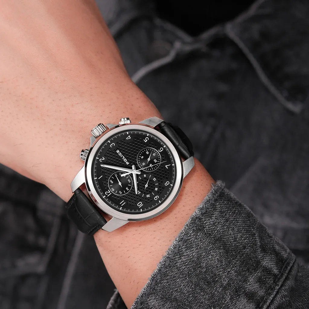 Police Mensor Gents Black Dial Silver Stailess Steel Case Black Leather Strap Watch