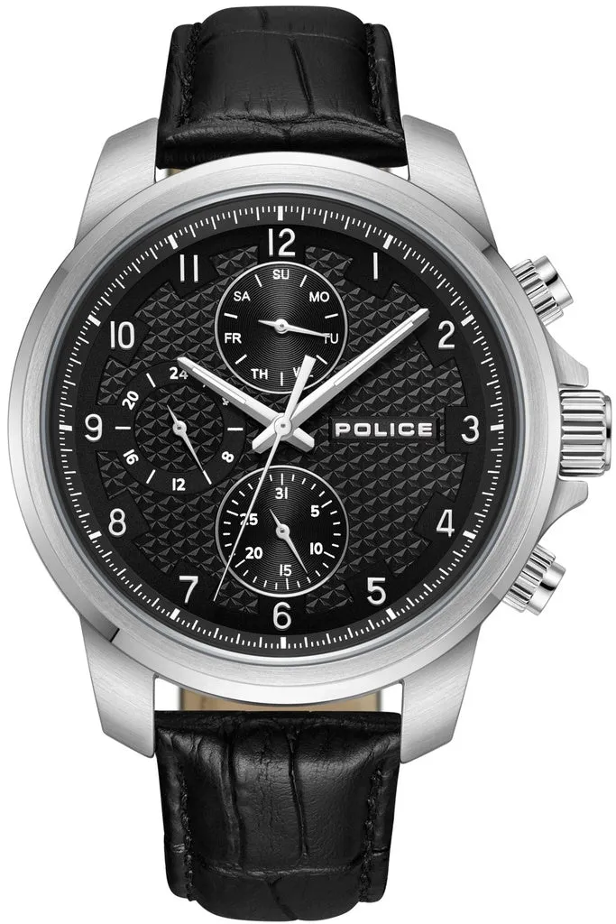 Police Mensor Gents Black Dial Silver Stailess Steel Case Black Leather Strap Watch