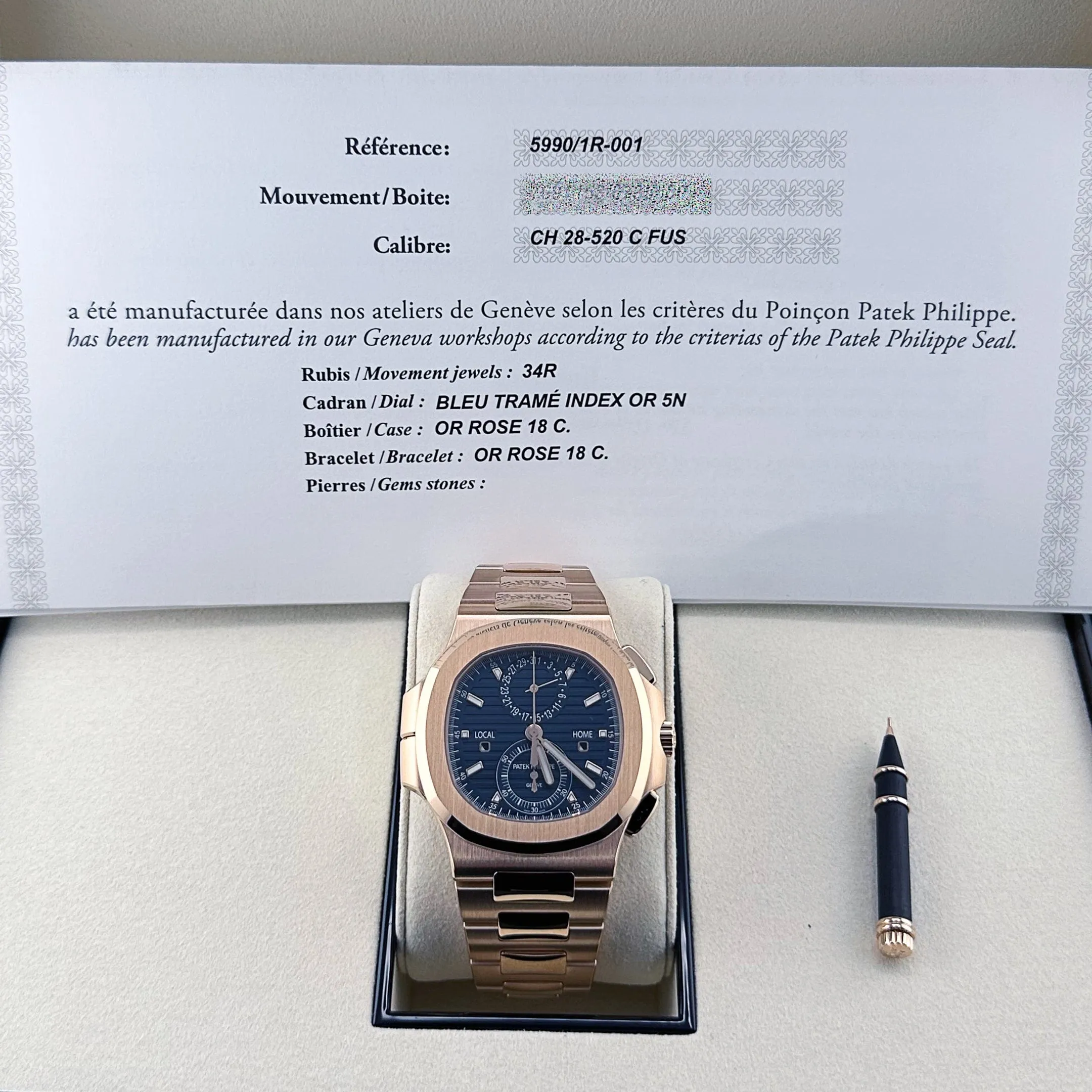 PP Luxury Watches Nautilus 5990/1R-001 Travel Time Flyback Chronograph Rose Gold Blue Dial (2024)