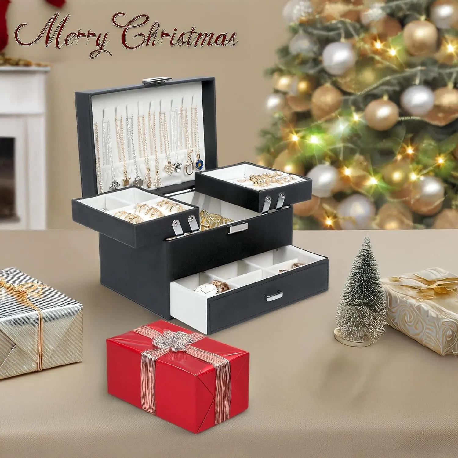 PU leather 3 Layers Jewelry Boxes for Earring, Ring, Necklace, Bracelets, Black