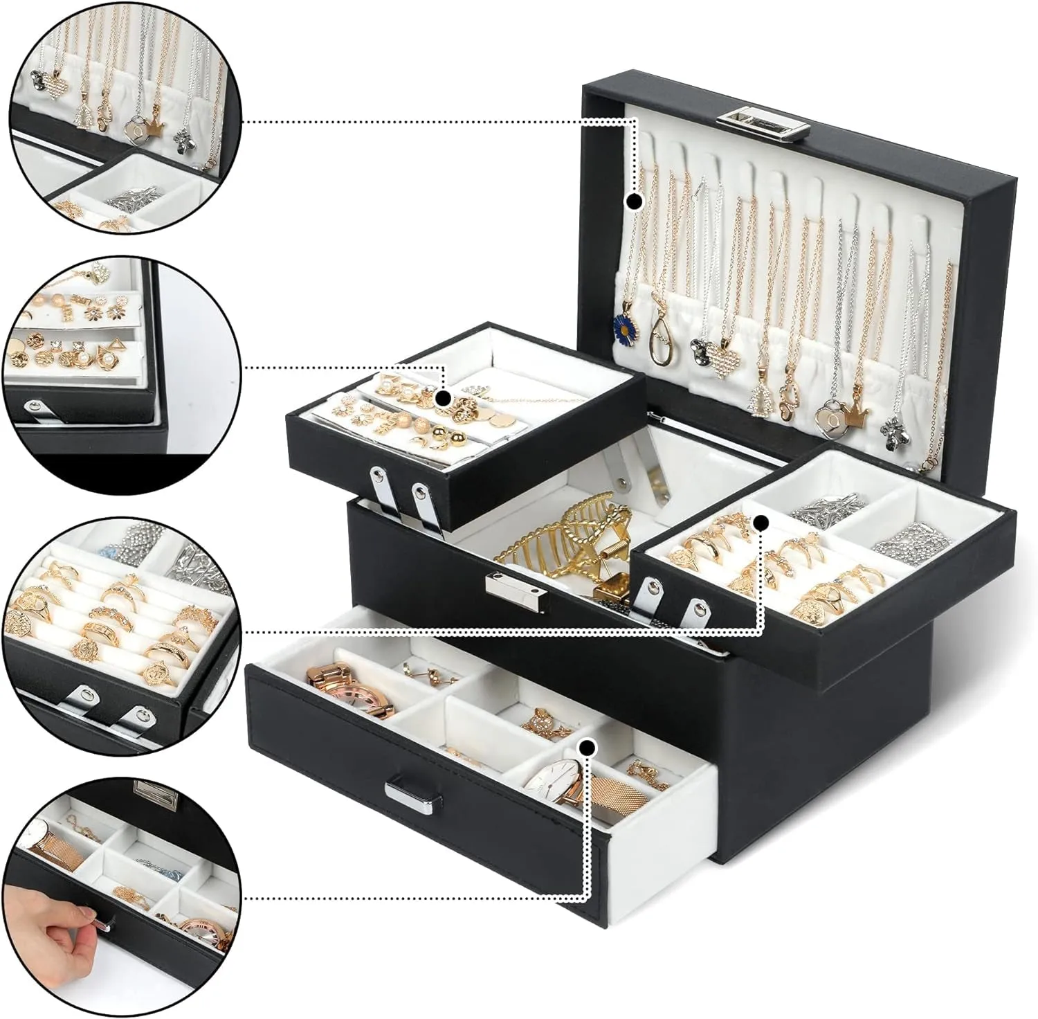 PU leather 3 Layers Jewelry Boxes for Earring, Ring, Necklace, Bracelets, Black
