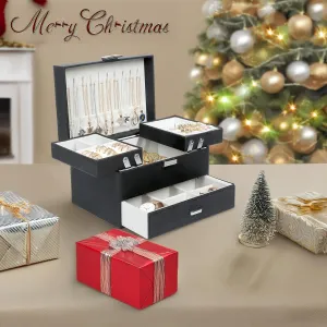 PU leather 3 Layers Jewelry Boxes for Earring, Ring, Necklace, Bracelets, Black