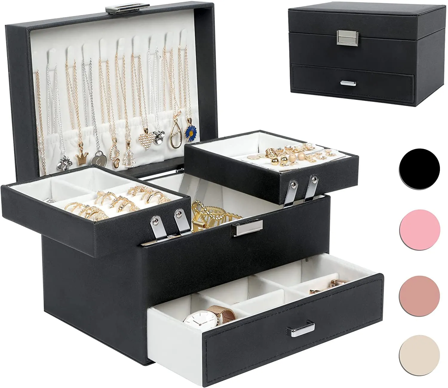 PU leather 3 Layers Jewelry Boxes for Earring, Ring, Necklace, Bracelets, Black