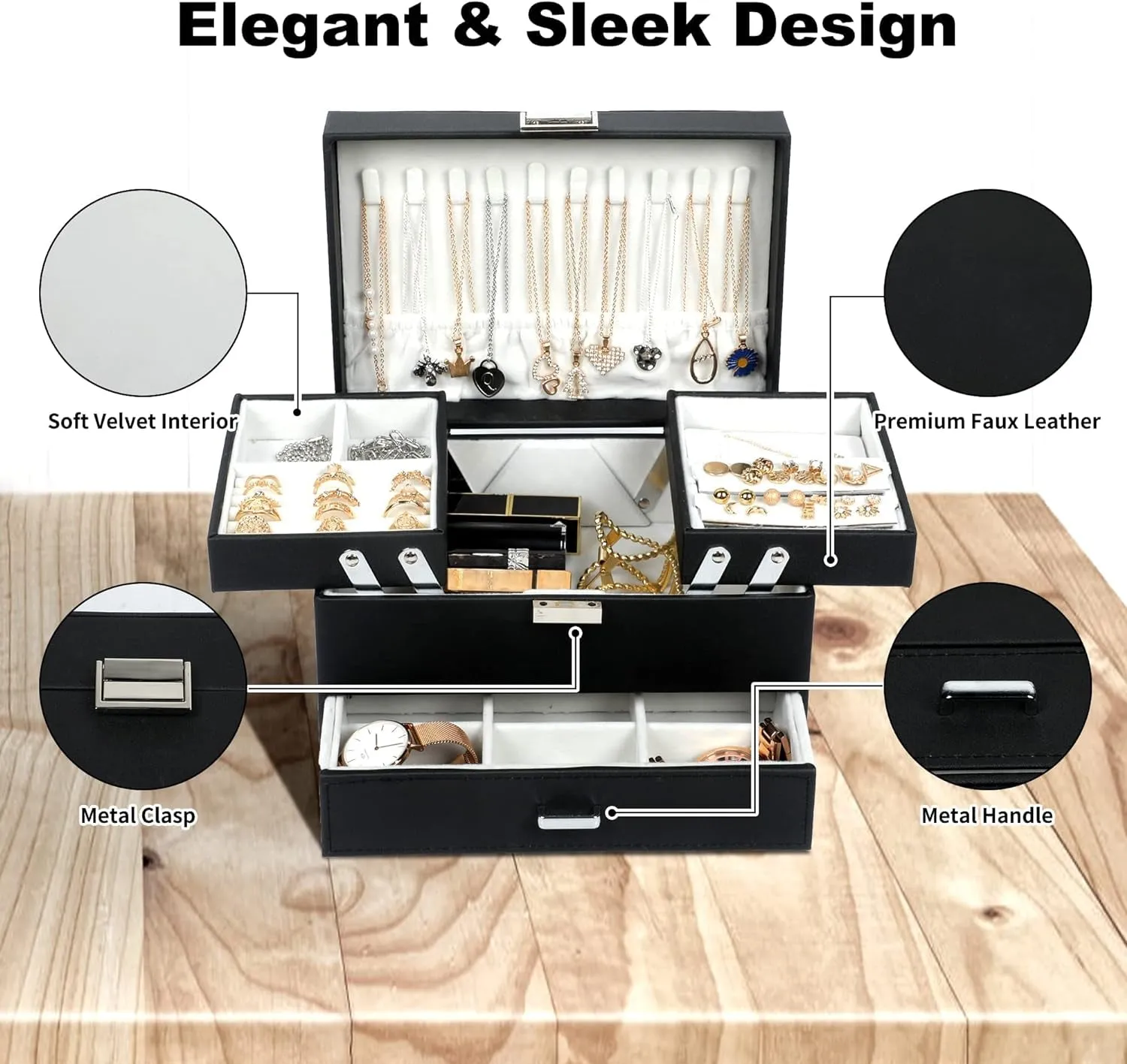 PU leather 3 Layers Jewelry Boxes for Earring, Ring, Necklace, Bracelets, Black