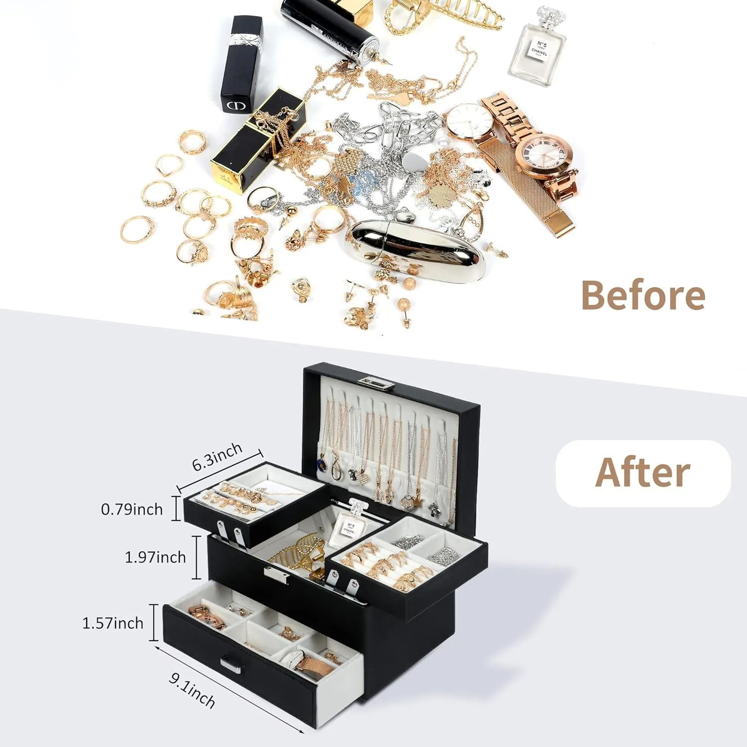 PU leather 3 Layers Jewelry Boxes for Earring, Ring, Necklace, Bracelets, Black