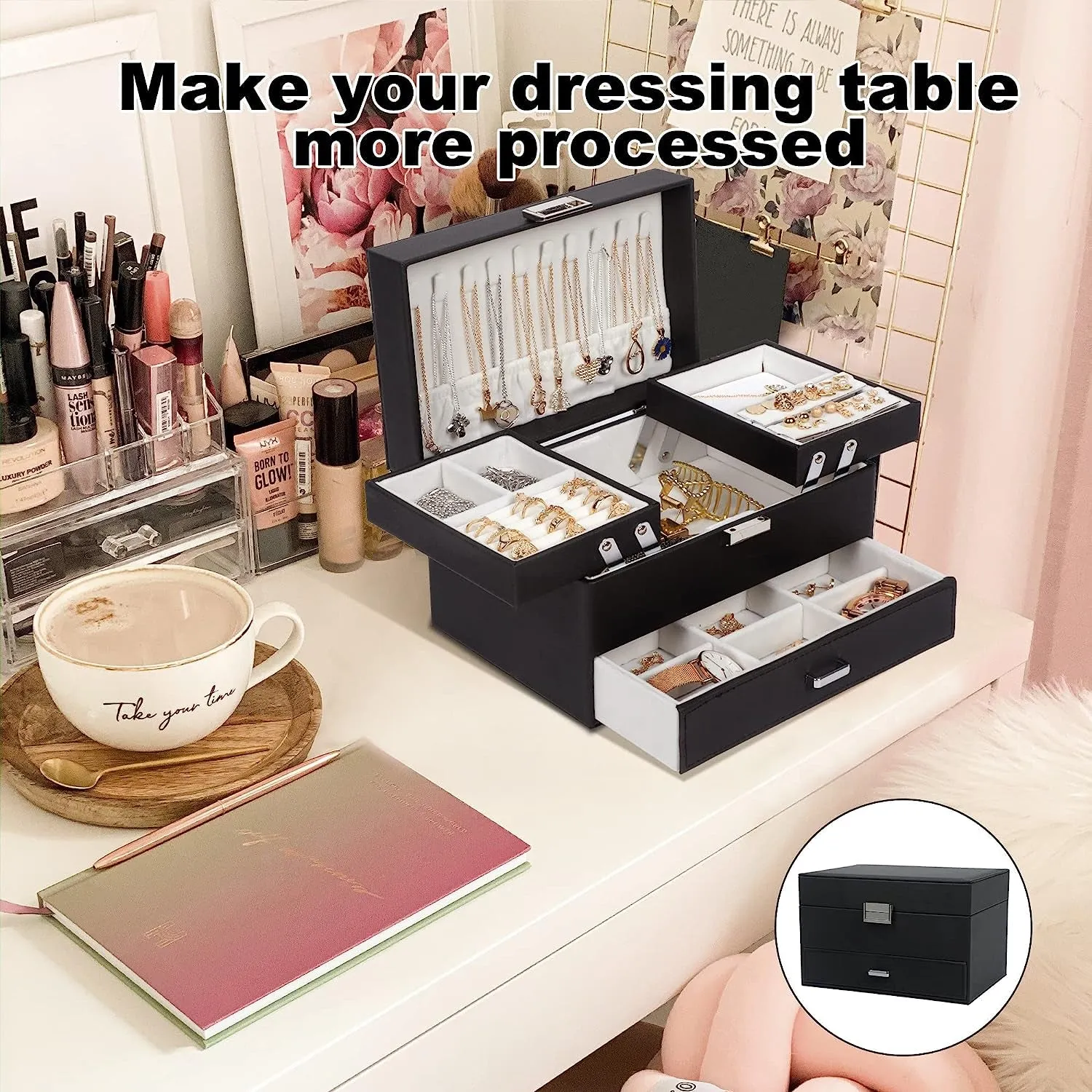 PU leather 3 Layers Jewelry Boxes for Earring, Ring, Necklace, Bracelets, Black