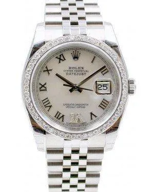 Rolex Datejust 116200 36mm White Roman Pave 6 Diamond Bezel Stainless Steel Jubilee