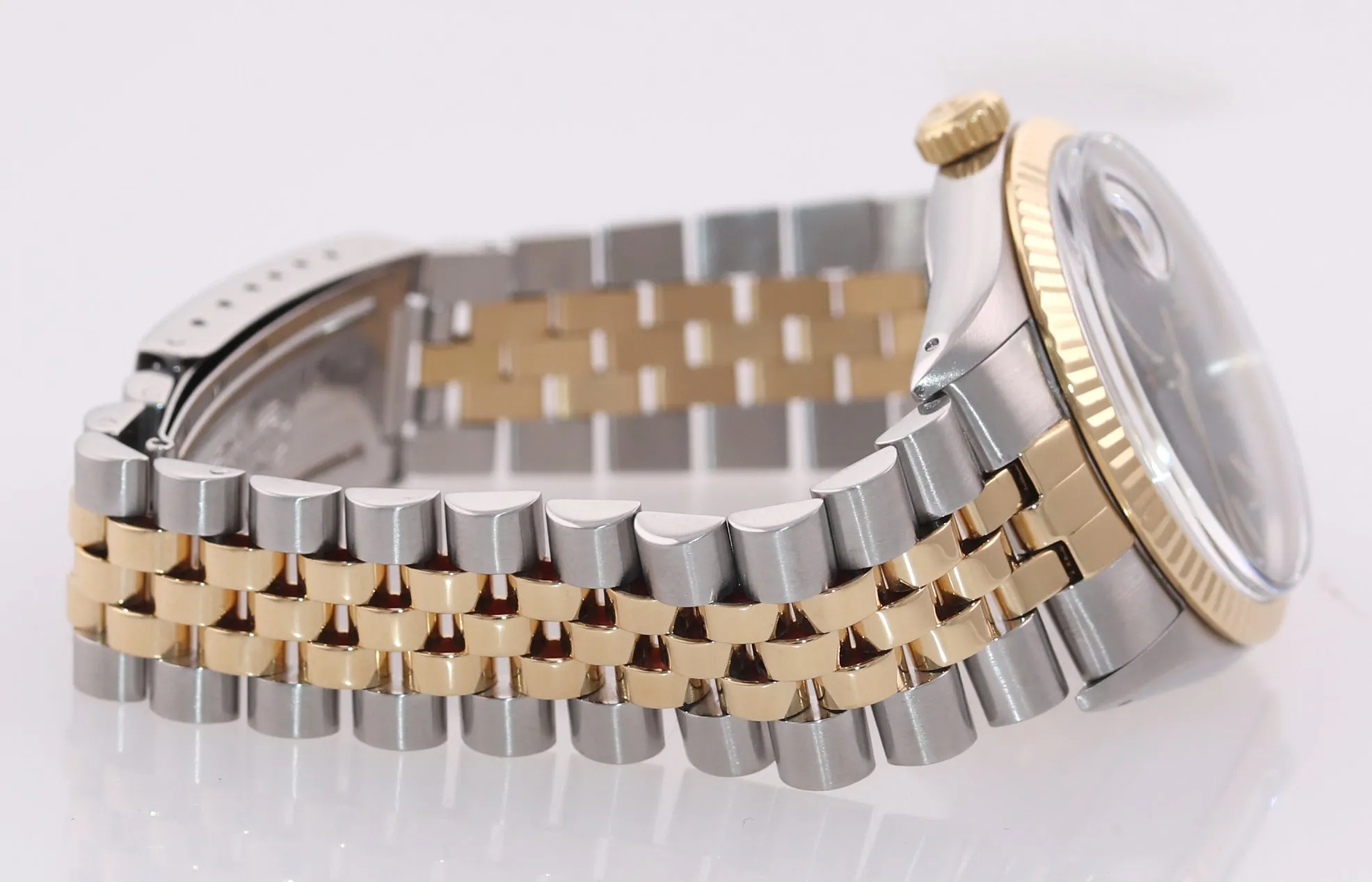 Rolex DateJust 16013 Two Tone 18k Gold Steel Jubilee Black Stick Watch Box