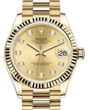 Rolex Datejust 31 Lady Midsize Yellow Gold Champagne Diamond Dial & Fluted Bezel President Bracelet 278278