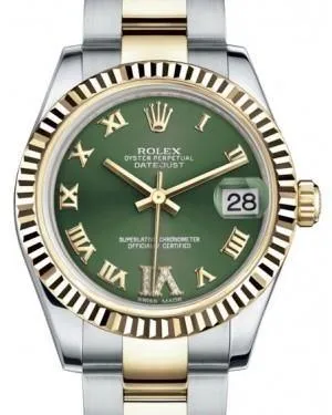 Rolex Datejust 31 Lady Midsize Yellow Gold/Steel Olive Green Roman Diamond VI Dial & Fluted Bezel Oyster Bracelet 178273