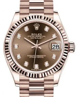 Rolex Datejust 31MM Lady Midsize Rose Gold Chocolate Diamond Dial & Fluted Bezel President Bracelet 278275 - NEW