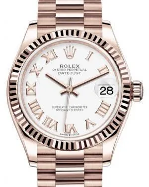 Rolex Datejust 31MM Lady Midsize Rose Gold White Roman Dial & Fluted Bezel President Bracelet 278275 - NEW