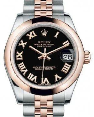 Rolex Datejust 31MM Lady Midsize Rose Gold/Steel Black Roman Dial & Smooth Domed Bezel Jubilee Bracelet 178241 - NEW
