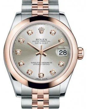 Rolex Datejust 31MM Lady Midsize Rose Gold/Steel Silver Diamond Dial & Smooth Domed Bezel Jubilee Bracelet 178241 - NEW