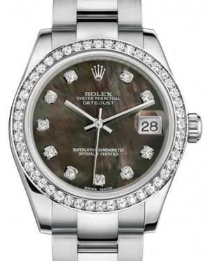 Rolex Datejust 31mm Lady Midsize White Gold/Steel Black Mother of Pearl Diamond Dial & Diamond Bezel Oyster Bracelet 178384 - NEW