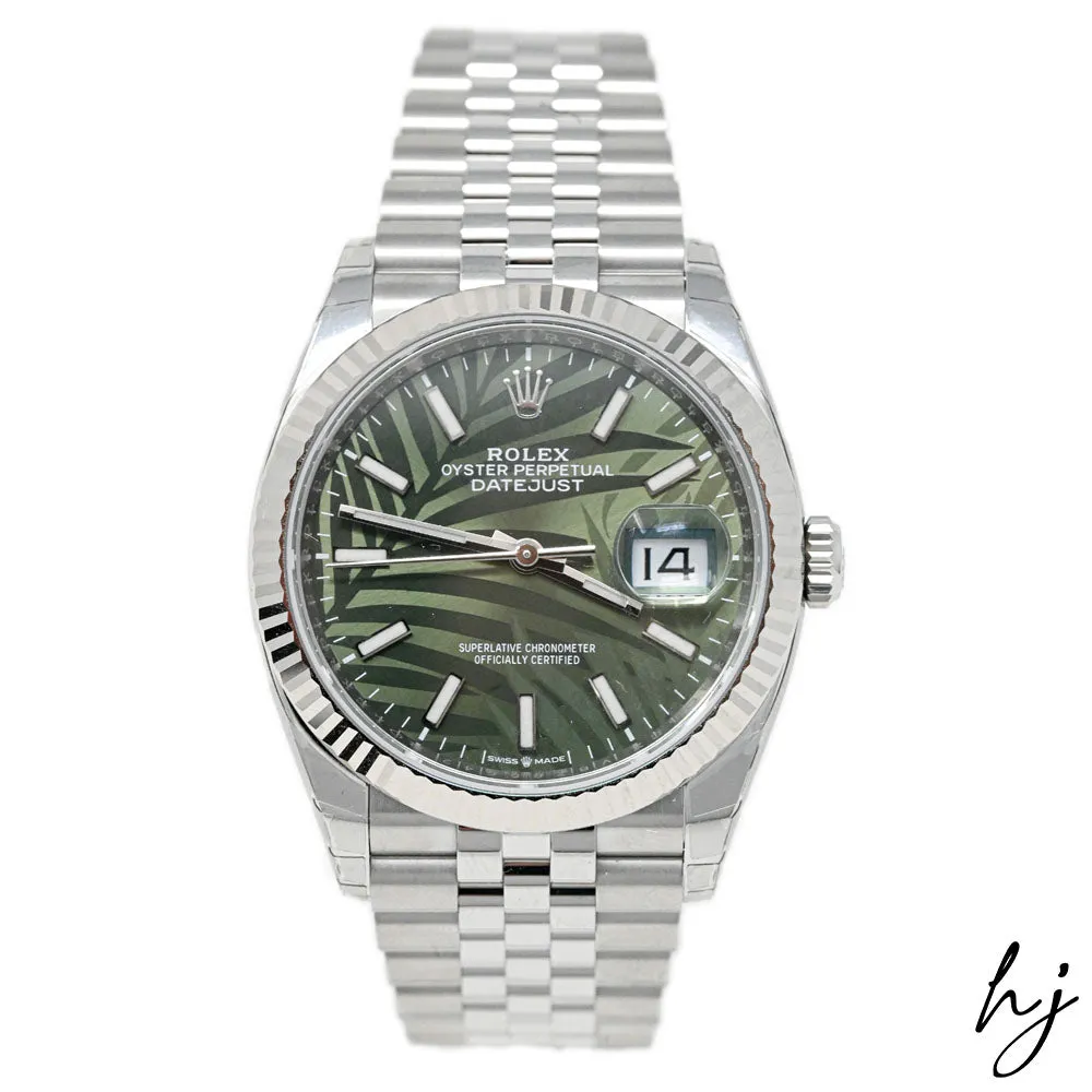 Rolex Datejust 36 Stainless Steel Datejust 36mm Olive Green Palm Motif Stick Dial Watch Reference #: 126234