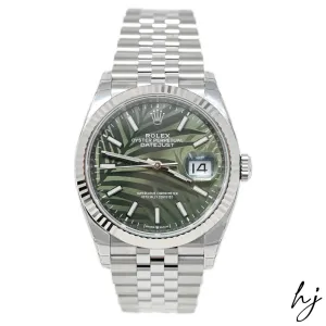 Rolex Datejust 36 Stainless Steel Datejust 36mm Olive Green Palm Motif Stick Dial Watch Reference #: 126234