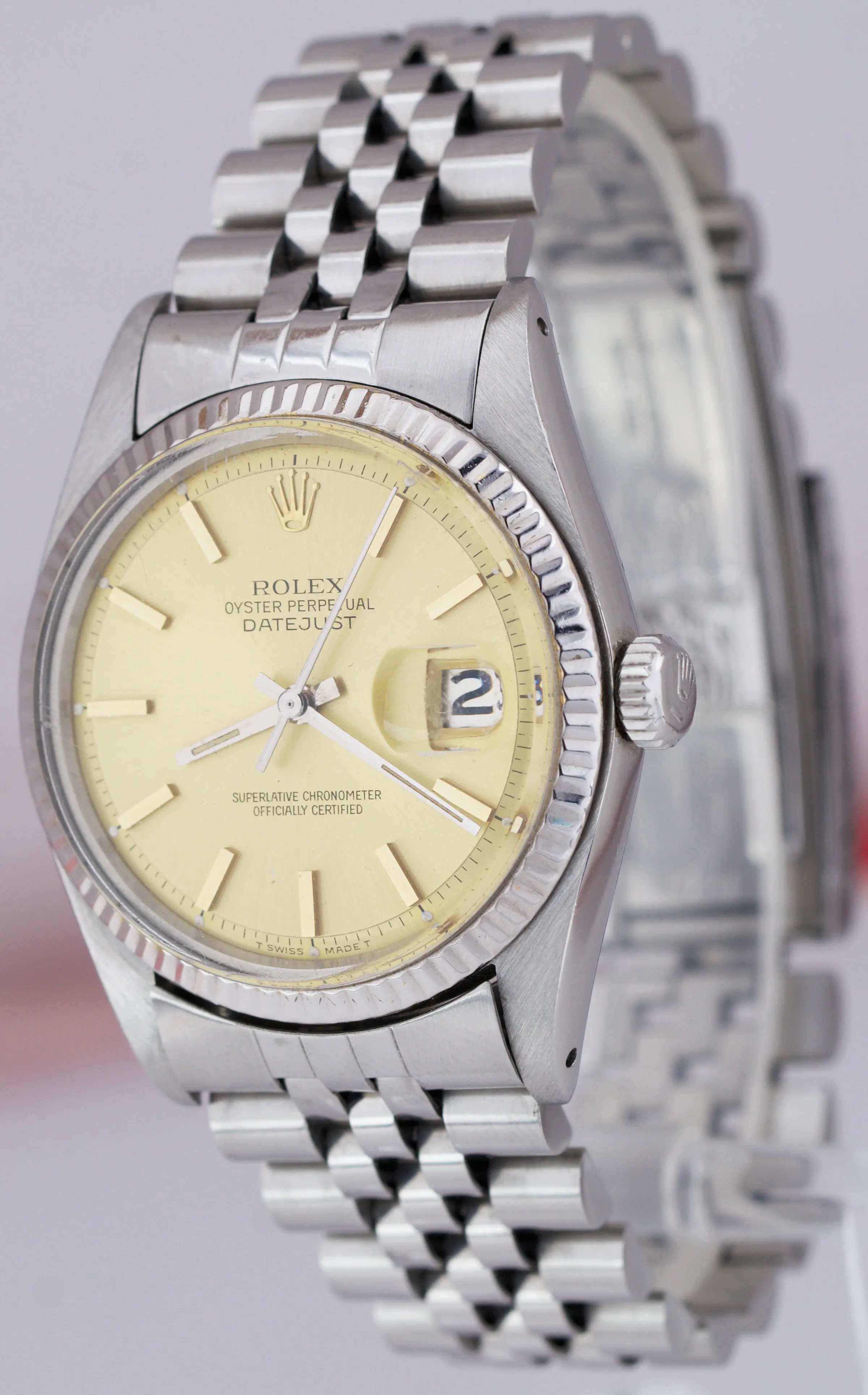 Rolex DateJust 36mm 1601 Stainless Champagne Fluted White Gold Jubilee Watch