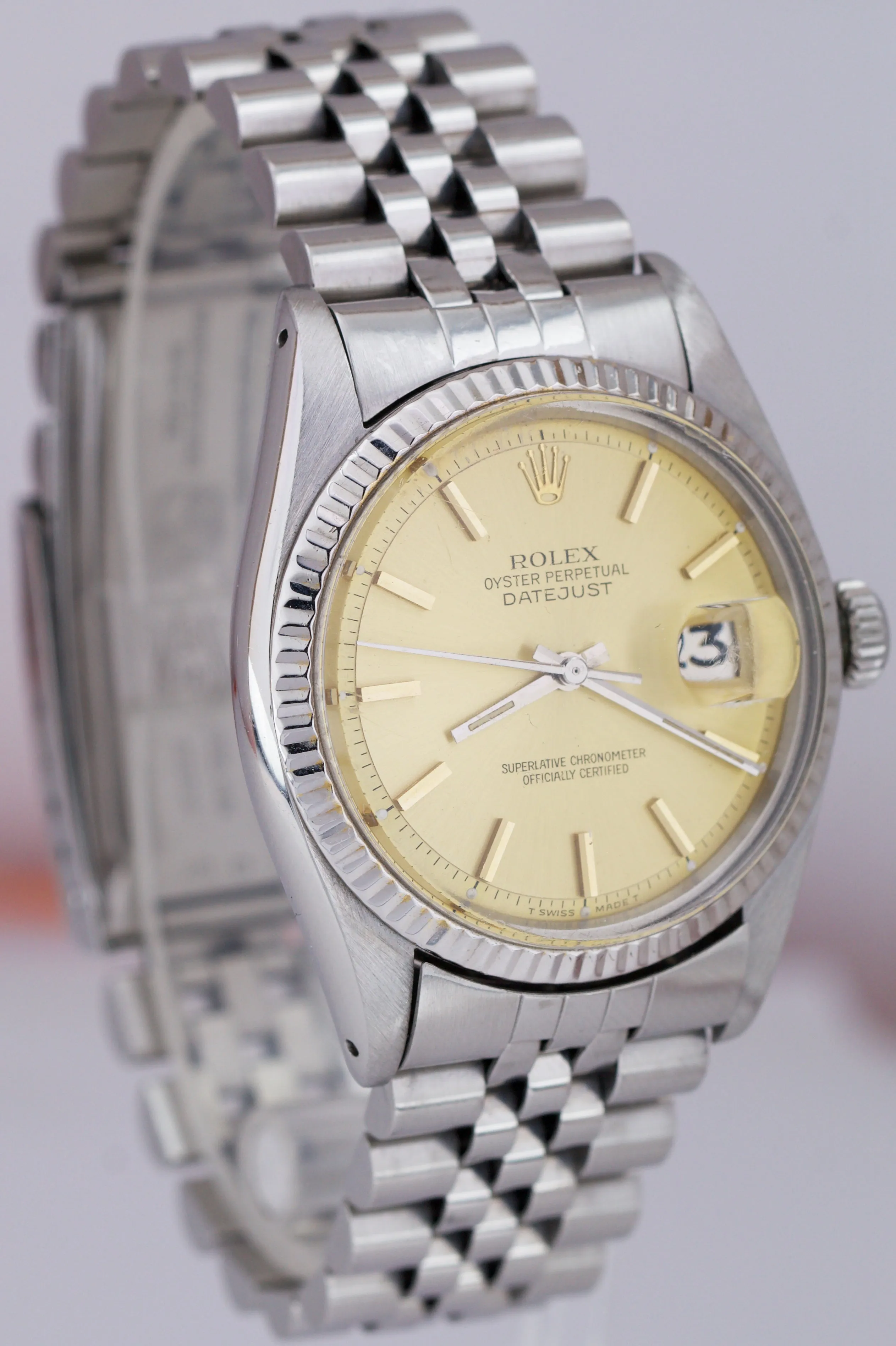 Rolex DateJust 36mm 1601 Stainless Champagne Fluted White Gold Jubilee Watch