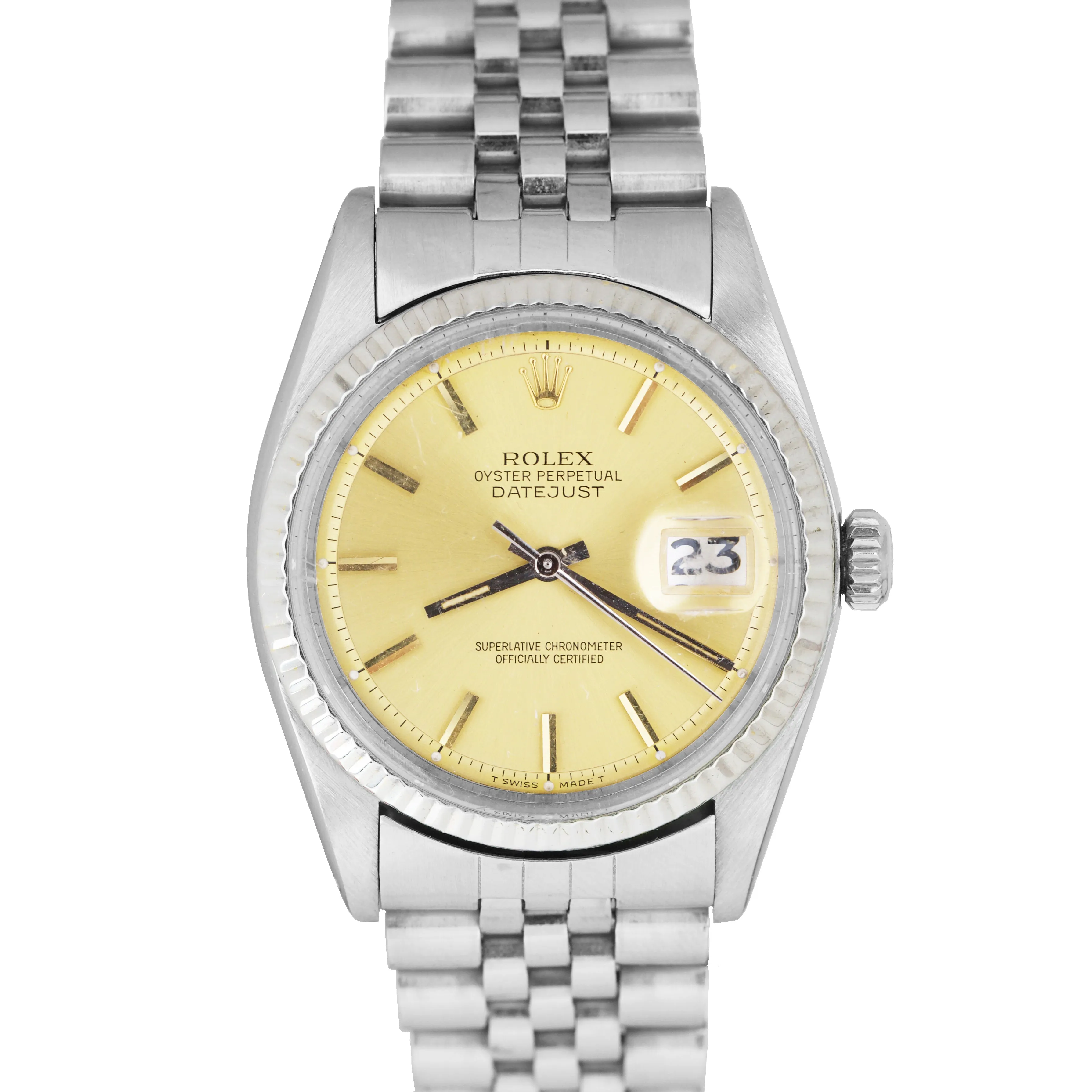 Rolex DateJust 36mm 1601 Stainless Champagne Fluted White Gold Jubilee Watch