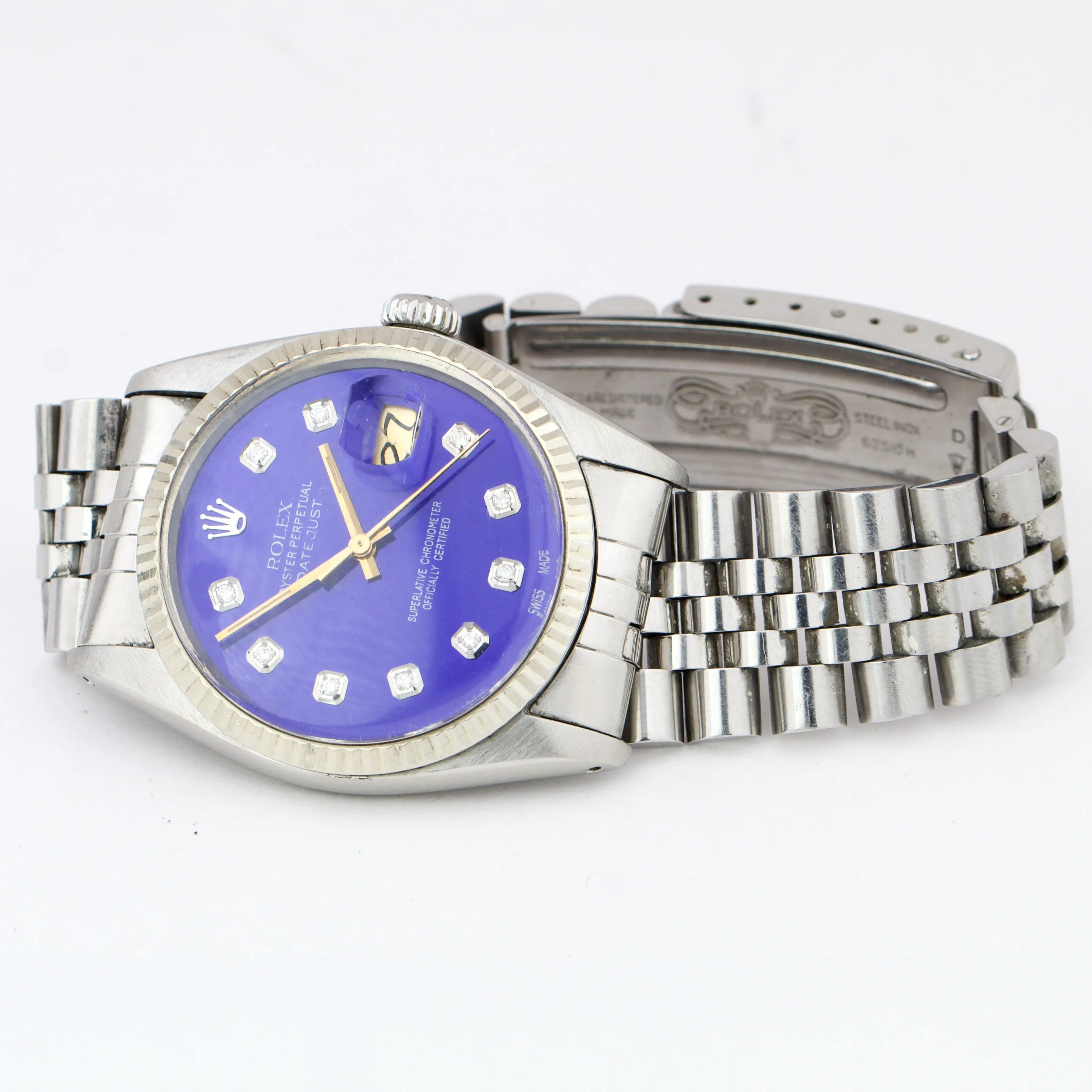 Rolex DateJust 36mm 16014 Blue Diamond Dial Jubilee 18K White Gold Steel Watch
