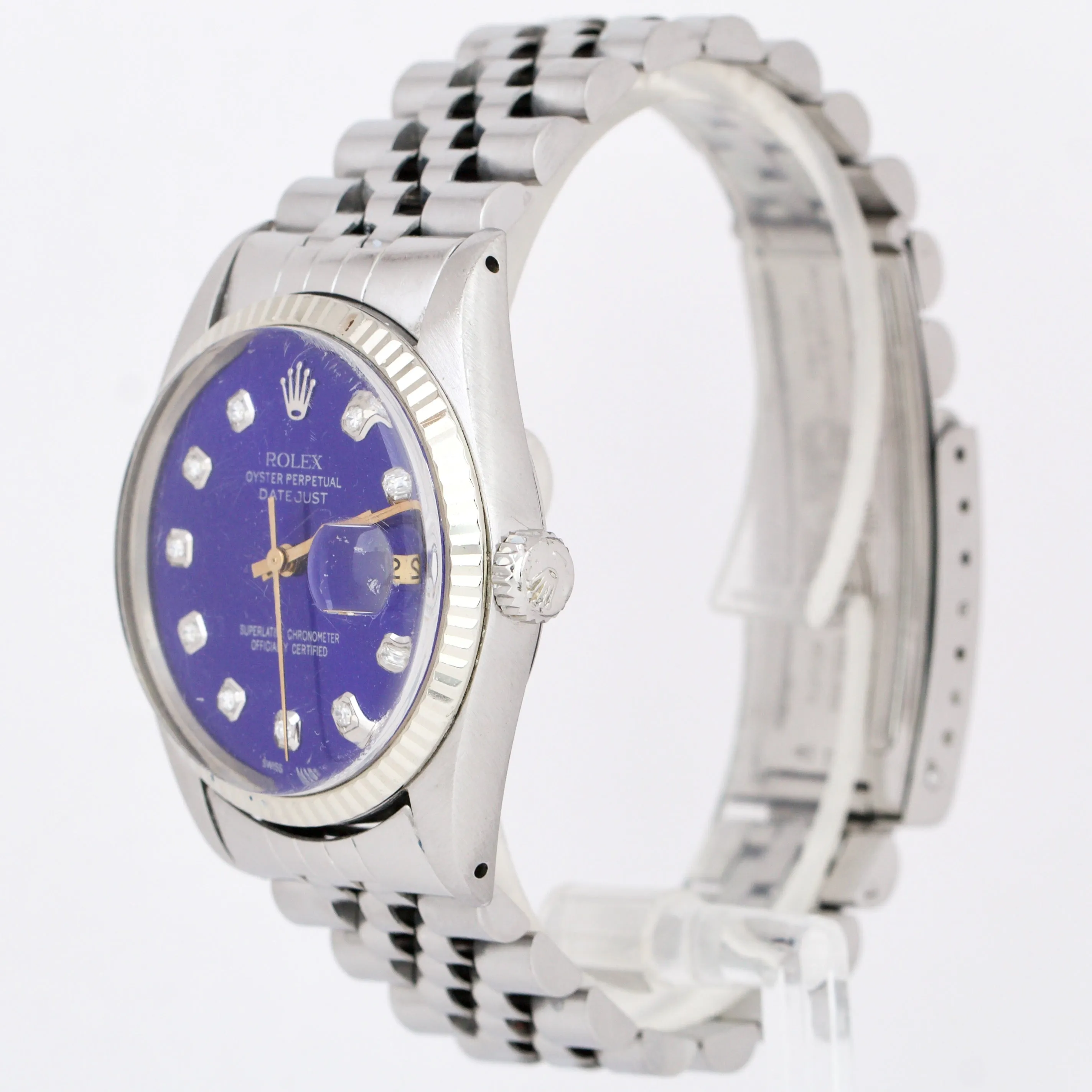 Rolex DateJust 36mm 16014 Blue Diamond Dial Jubilee 18K White Gold Steel Watch