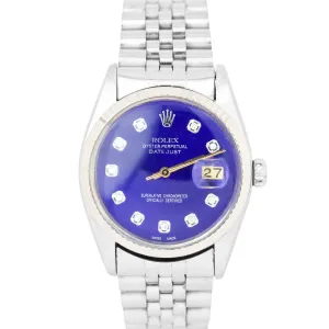 Rolex DateJust 36mm 16014 Blue Diamond Dial Jubilee 18K White Gold Steel Watch