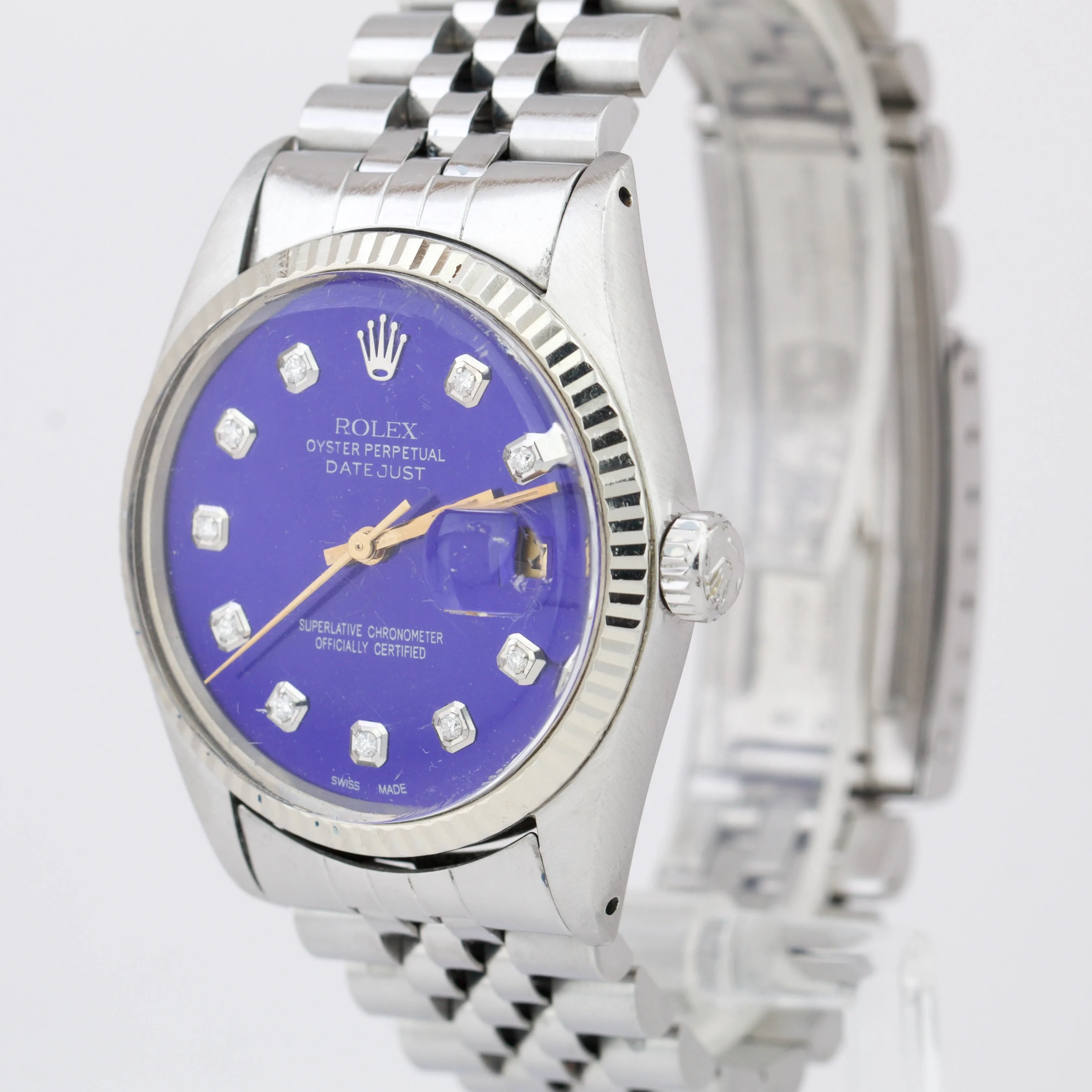 Rolex DateJust 36mm 16014 Blue Diamond Dial Jubilee 18K White Gold Steel Watch