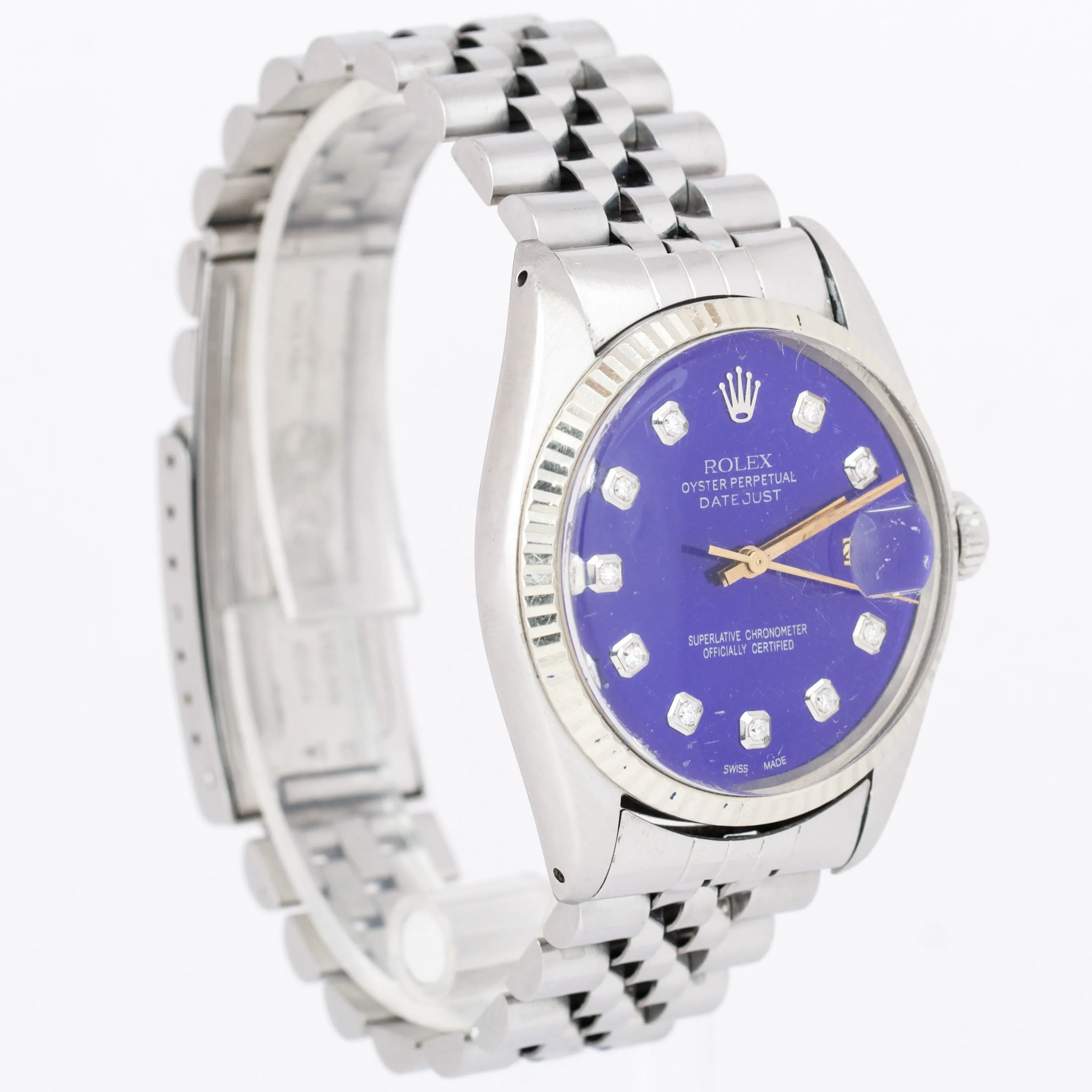 Rolex DateJust 36mm 16014 Blue Diamond Dial Jubilee 18K White Gold Steel Watch