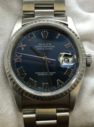 Rolex Datejust 36mm 16220 Blue Roman Dial Automatic Watch