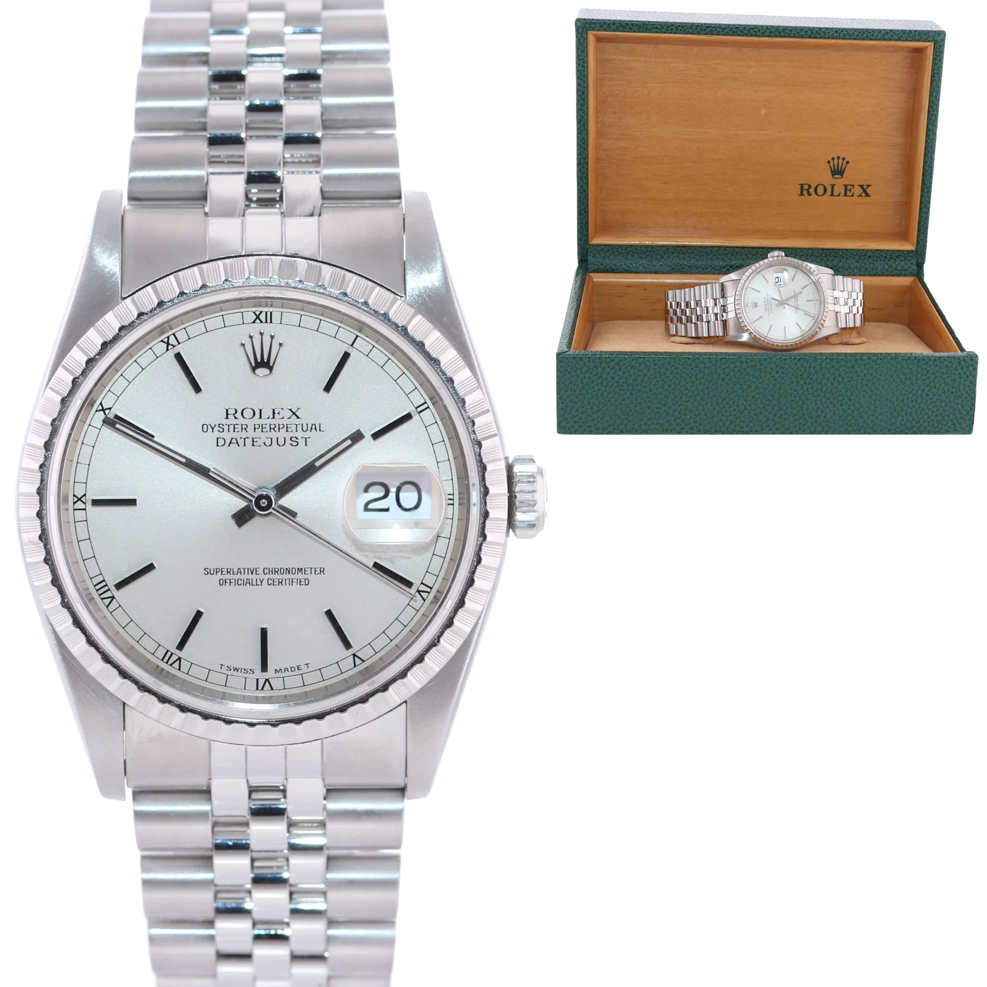 Rolex DateJust 36mm 16220 Steel Silver Stick Jubilee Band Date Watch