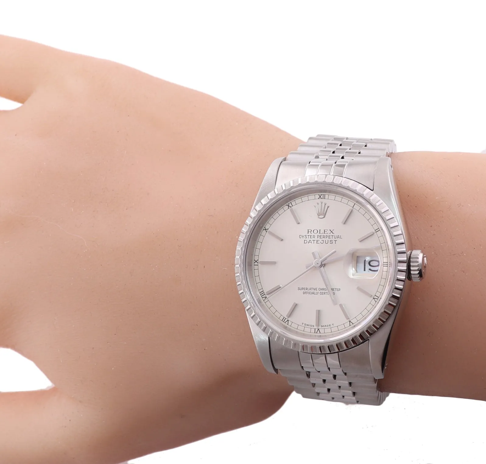 Rolex DateJust 36mm 16220 Steel Silver Stick Jubilee Band Date Watch