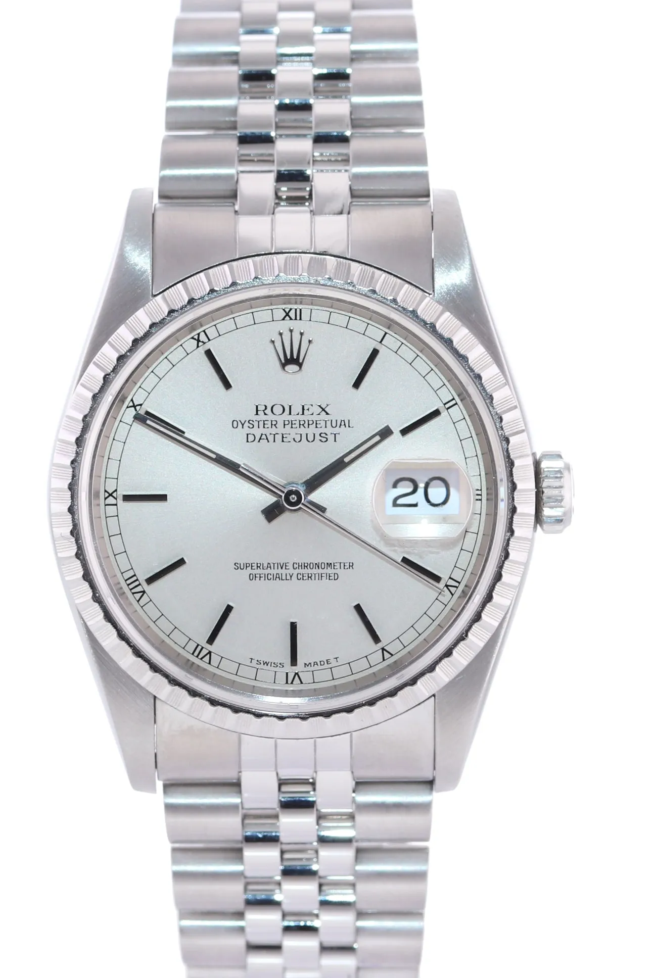 Rolex DateJust 36mm 16220 Steel Silver Stick Jubilee Band Date Watch
