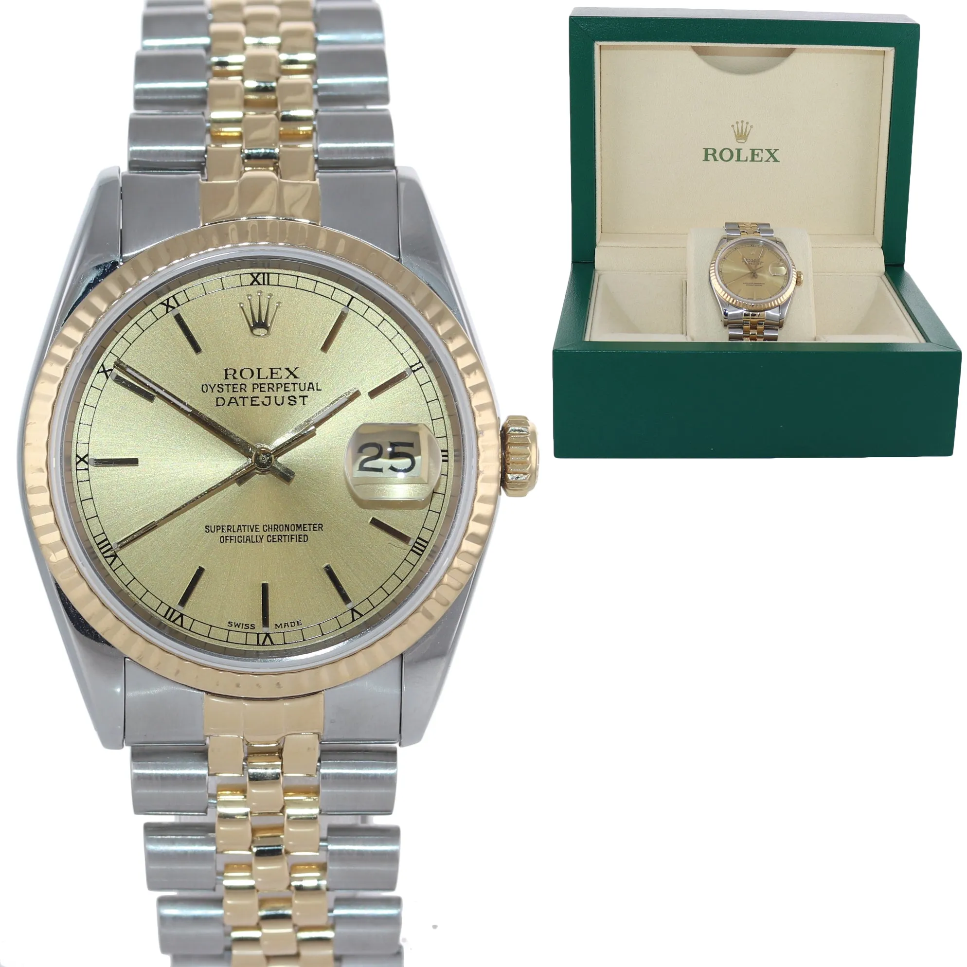 Rolex DateJust 36mm 16233 Two Tone Gold Steel Champagne Jubilee Watch Box