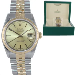 Rolex DateJust 36mm 16233 Two Tone Gold Steel Champagne Jubilee Watch Box