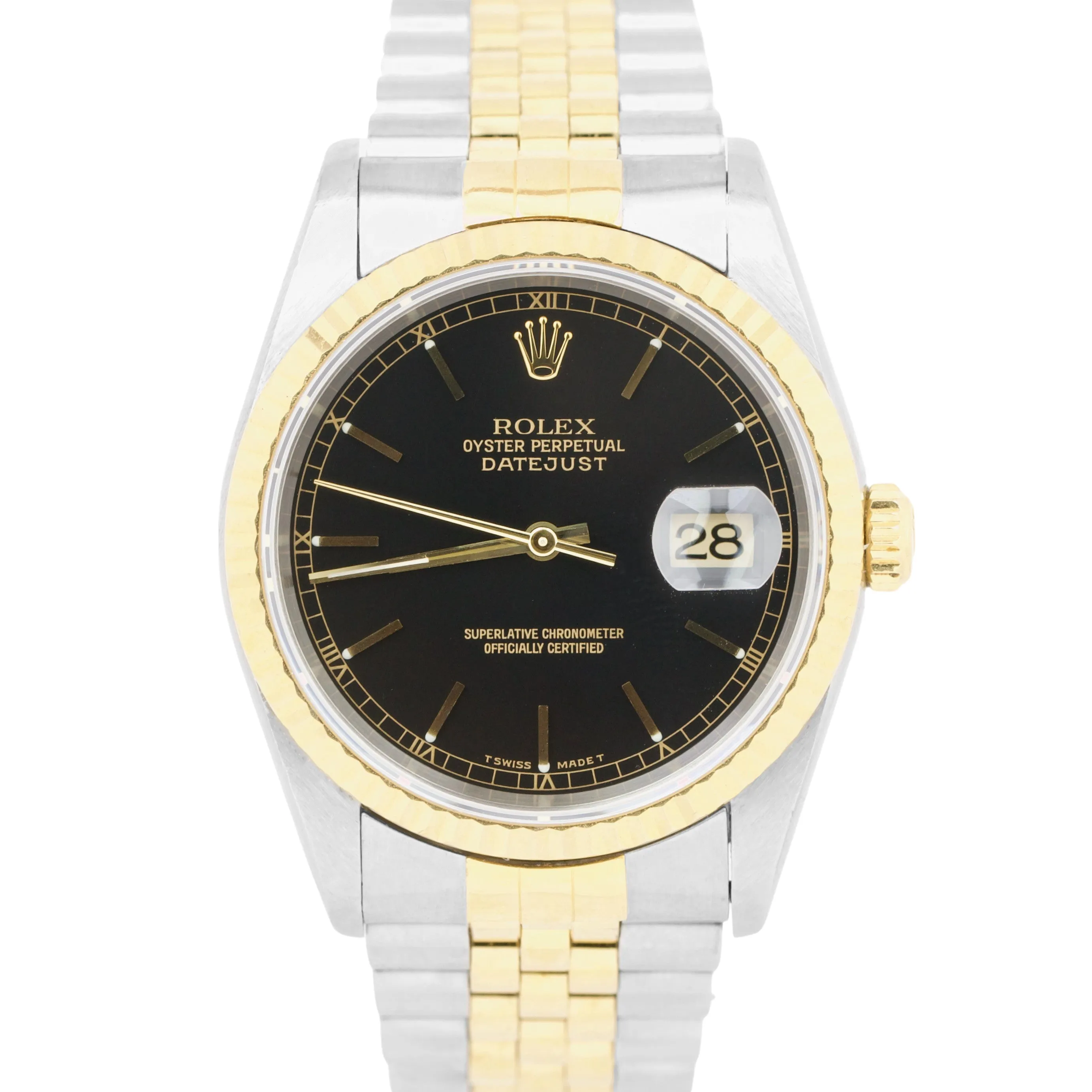 Rolex DateJust 36mm BLACK 18K Yellow Gold Stainless Steel JUBILEE Watch 16233