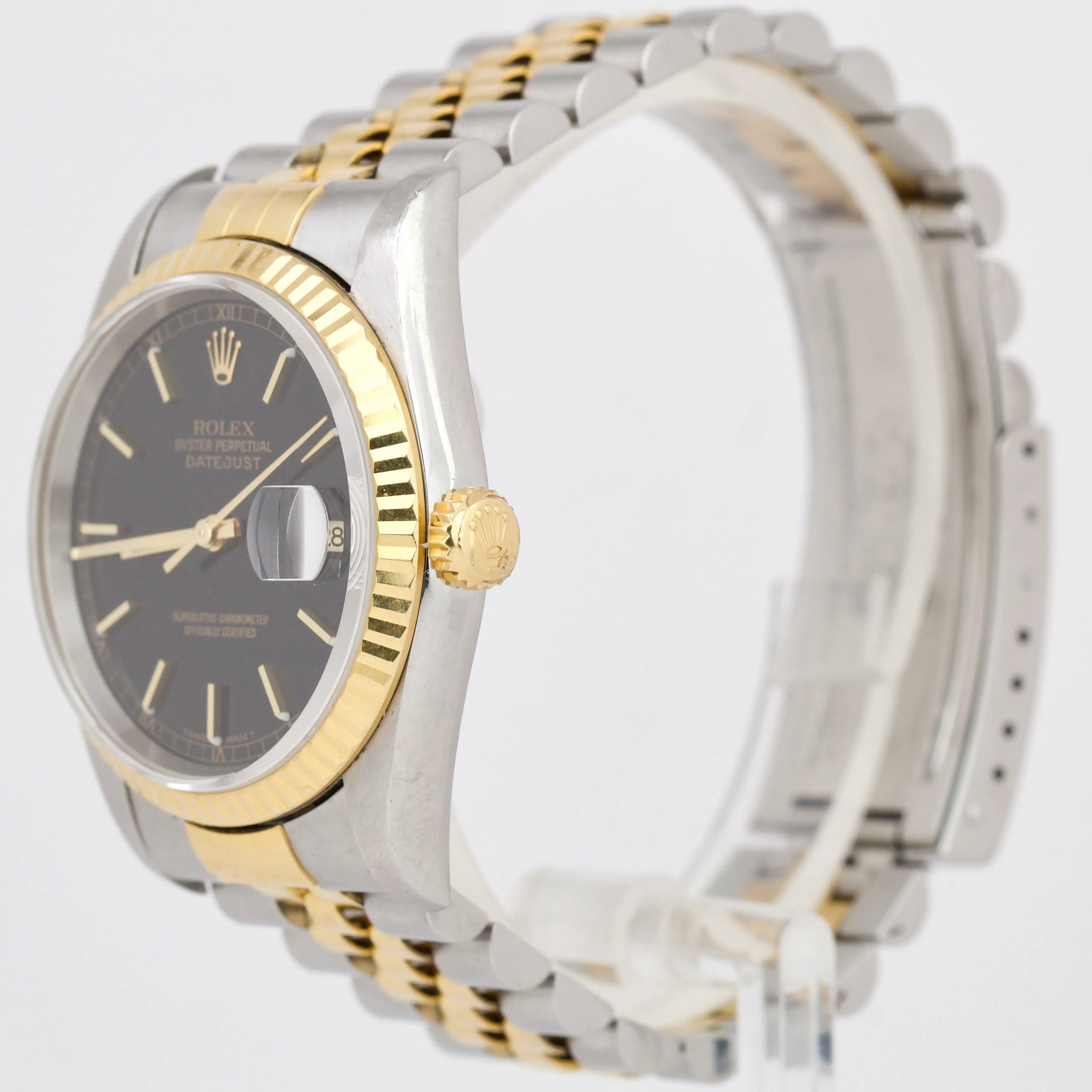 Rolex DateJust 36mm BLACK 18K Yellow Gold Stainless Steel JUBILEE Watch 16233