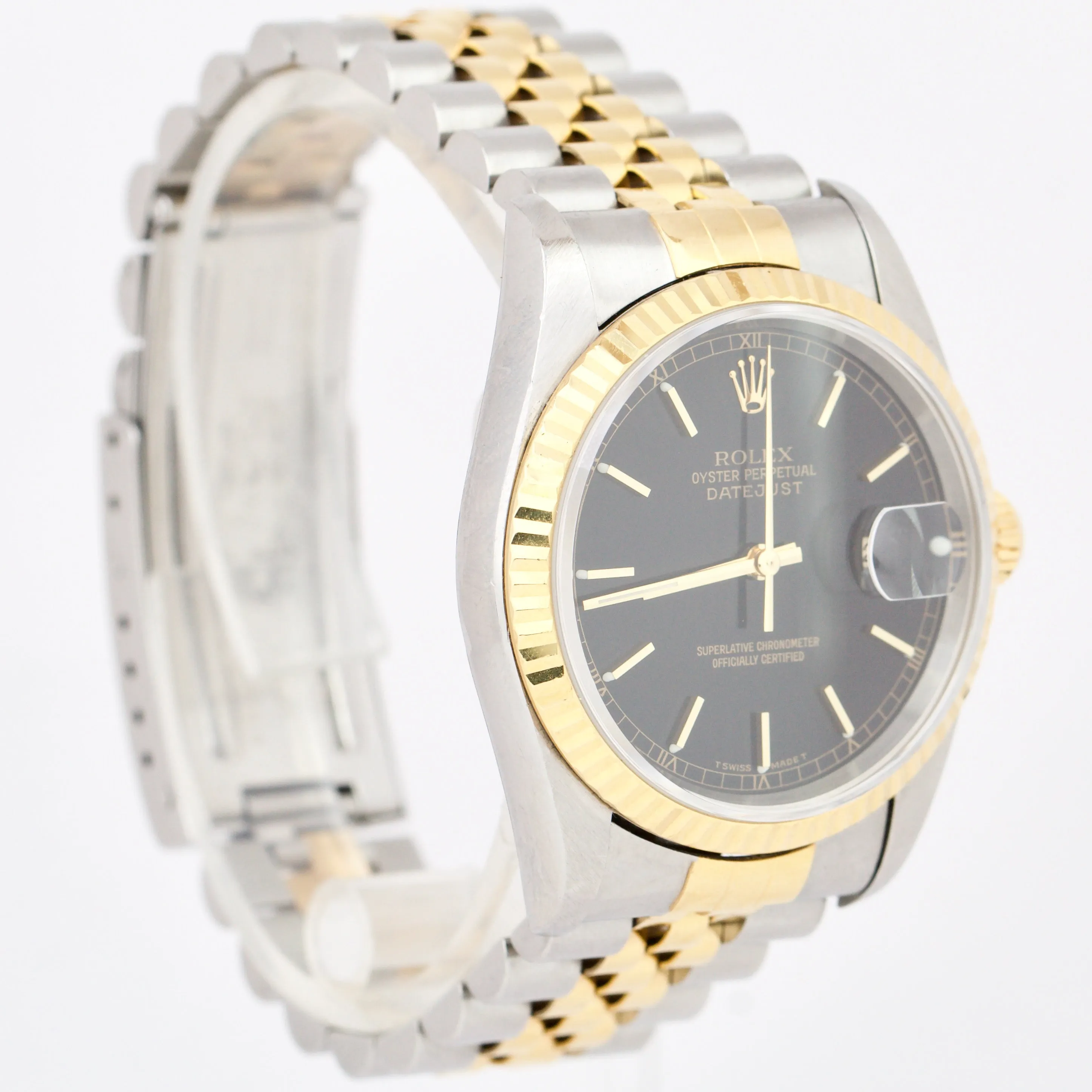 Rolex DateJust 36mm BLACK 18K Yellow Gold Stainless Steel JUBILEE Watch 16233