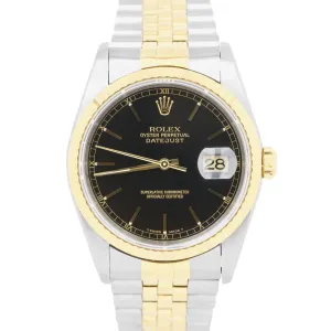 Rolex DateJust 36mm BLACK 18K Yellow Gold Stainless Steel JUBILEE Watch 16233
