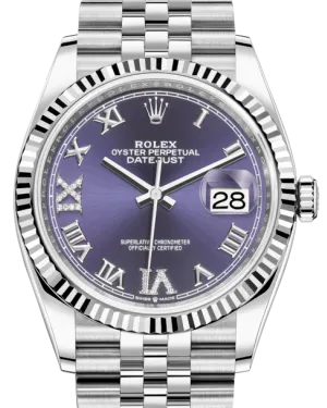 Rolex Datejust 36MM White Gold/Steel Aubergine Roman & Diamond Dial & Fluted Bezel Jubilee Bracelet 126234 - NEW