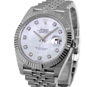Rolex Datejust II 41mm Stainless Steel Mother of Pearl Diamond Dial 18K White Gold Fluted Bezel 126334