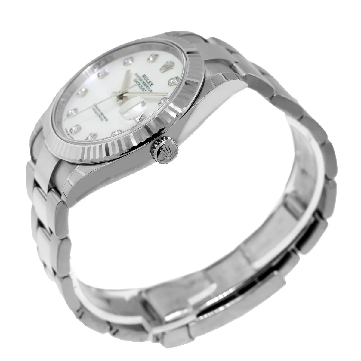 Rolex Datejust II 41mm Stainless Steel Mother of Pearl Diamond Dial 18K White Gold Fluted Bezel 126334