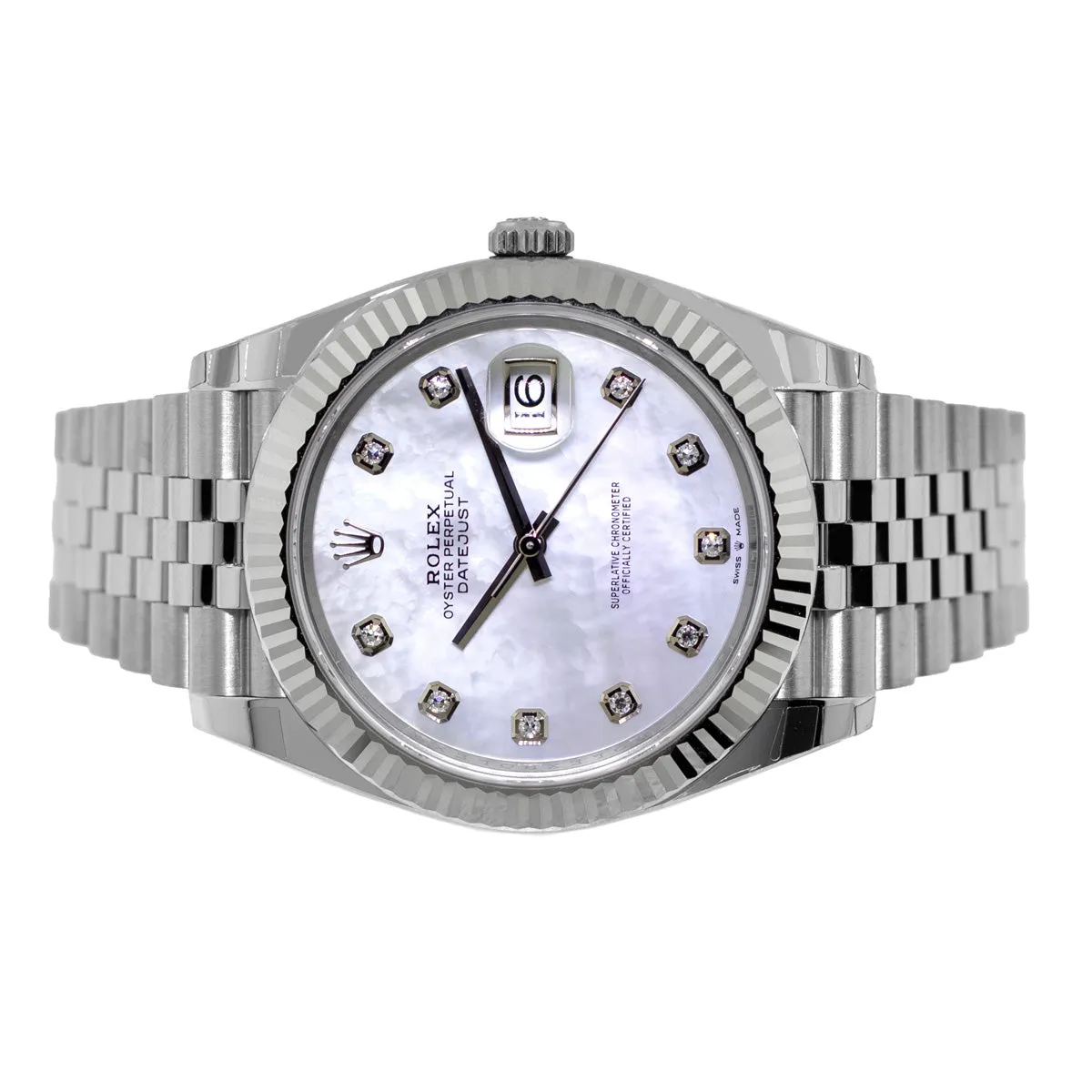 Rolex Datejust II 41mm Stainless Steel Mother of Pearl Diamond Dial 18K White Gold Fluted Bezel 126334