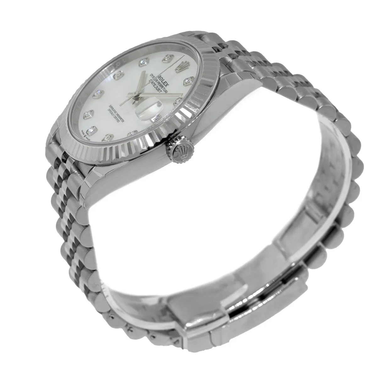 Rolex Datejust II 41mm Stainless Steel Mother of Pearl Diamond Dial 18K White Gold Fluted Bezel 126334
