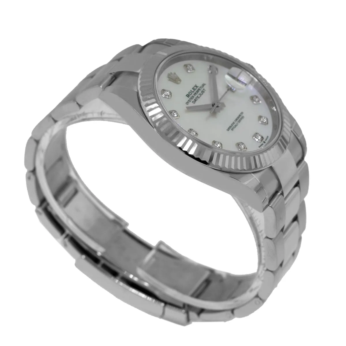 Rolex Datejust II 41mm Stainless Steel Mother of Pearl Diamond Dial 18K White Gold Fluted Bezel 126334