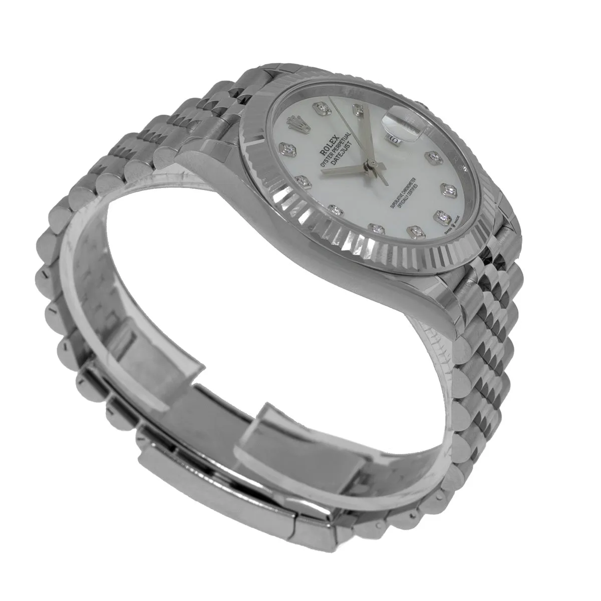 Rolex Datejust II 41mm Stainless Steel Mother of Pearl Diamond Dial 18K White Gold Fluted Bezel 126334