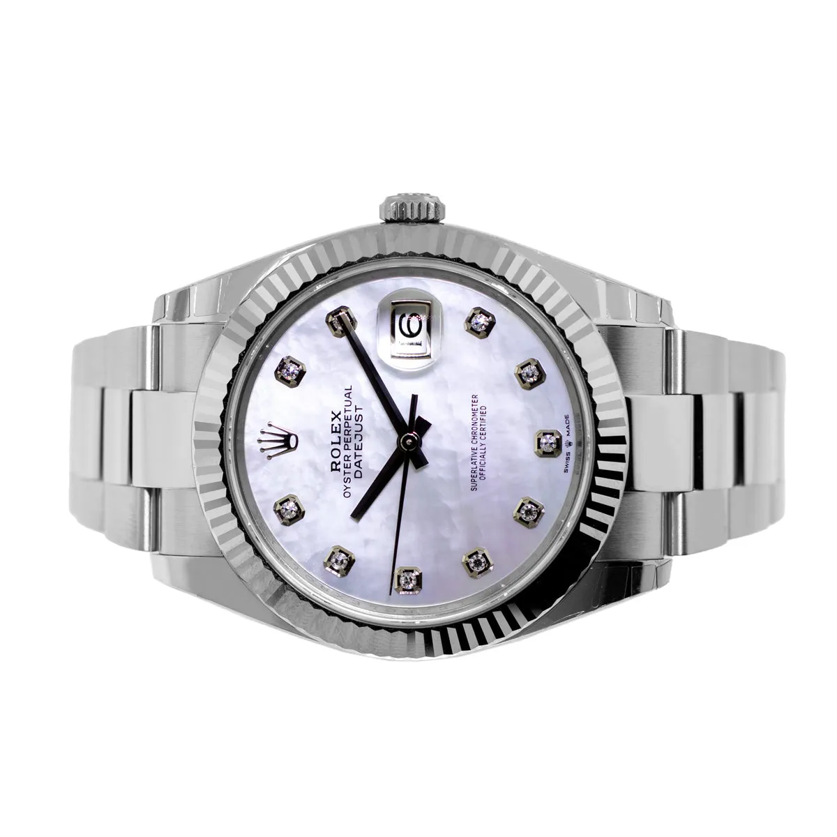 Rolex Datejust II 41mm Stainless Steel Mother of Pearl Diamond Dial 18K White Gold Fluted Bezel 126334
